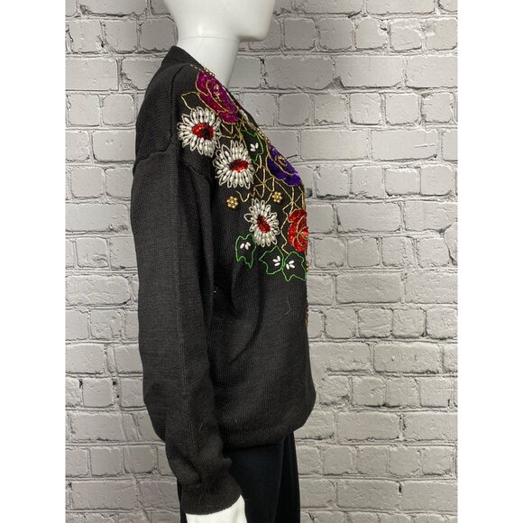 Vintage Western Connection Womens Medium Black Beaded Sequin Floral Pullover Swe - Picture 7 of 10